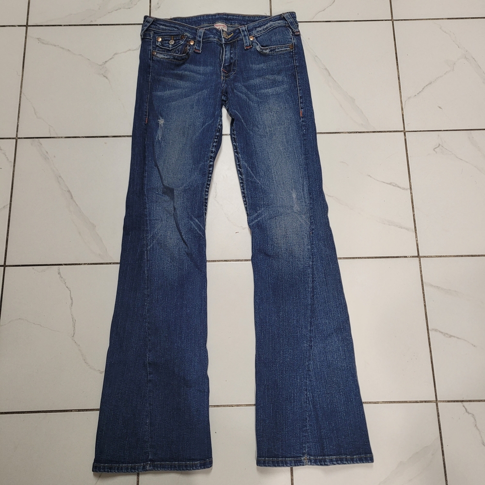 True Religion Bridget Dark Blue Flare Jeans Size 28 Pockets Y2K Grunge Bikercore